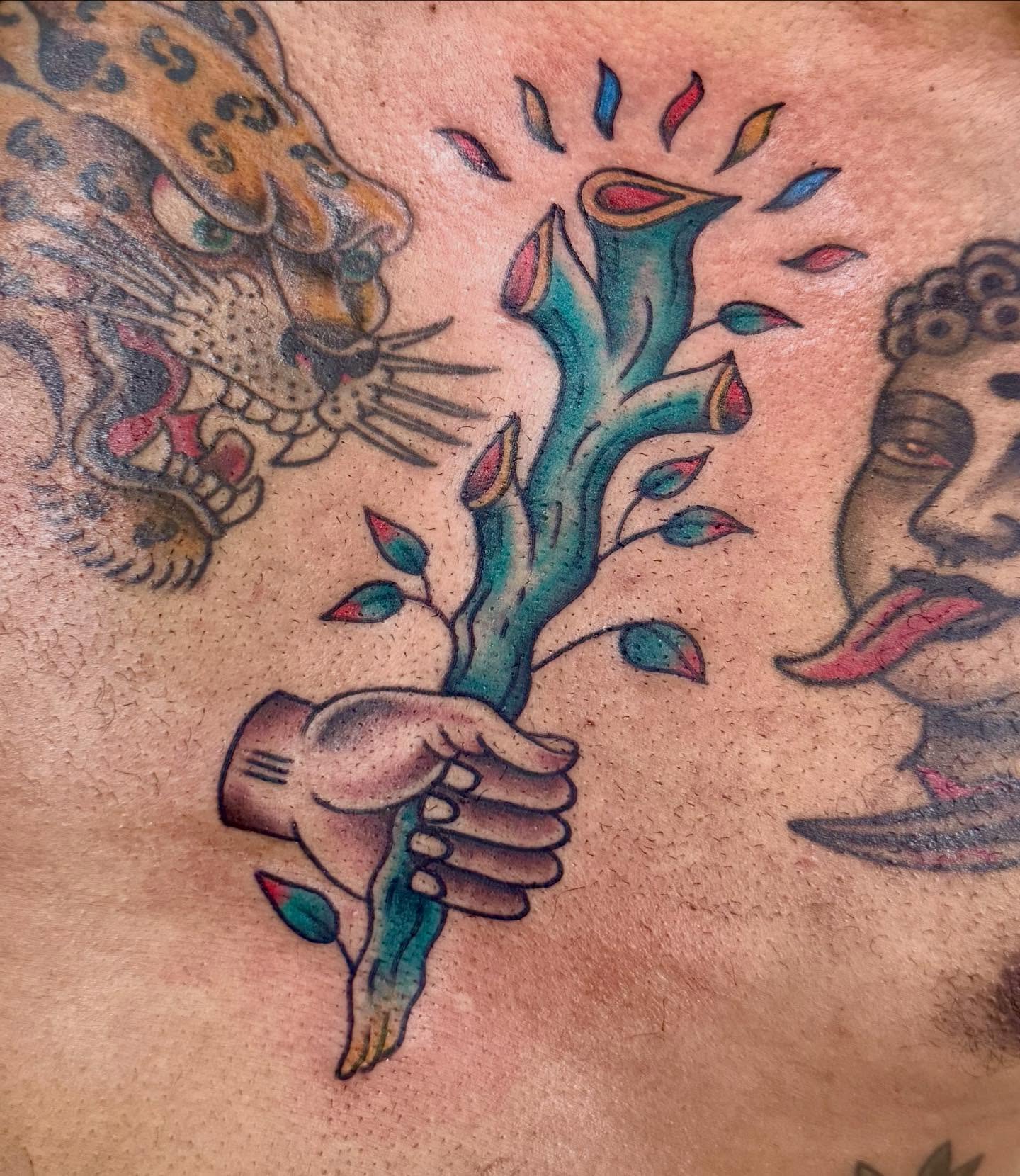 Tree with leaves American traditional tattoo on the chest by Jesse Boss, Nashville, Tennessee