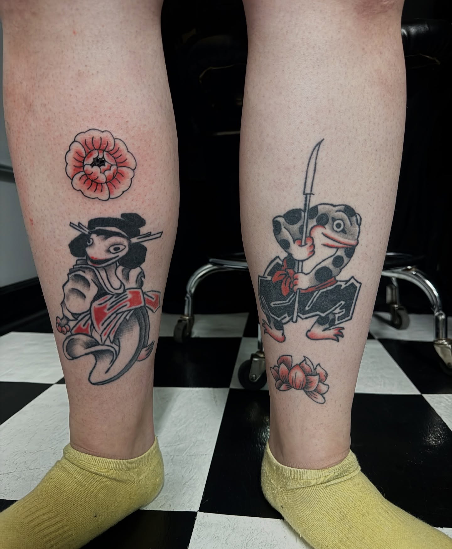 Geisha and frog American traditional tattoo on the leg by Gabe Rosen