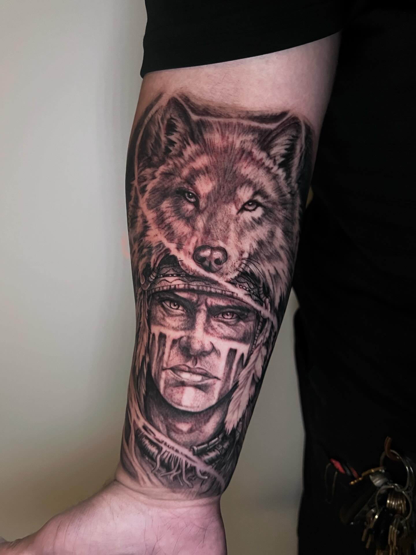 Wolf and warrior realism tattoo on the forearm by ππππππ ππππππ - ππππ‘ππ₯ ππ¨π₯π’πππ«π’π¨π¬ π΅π