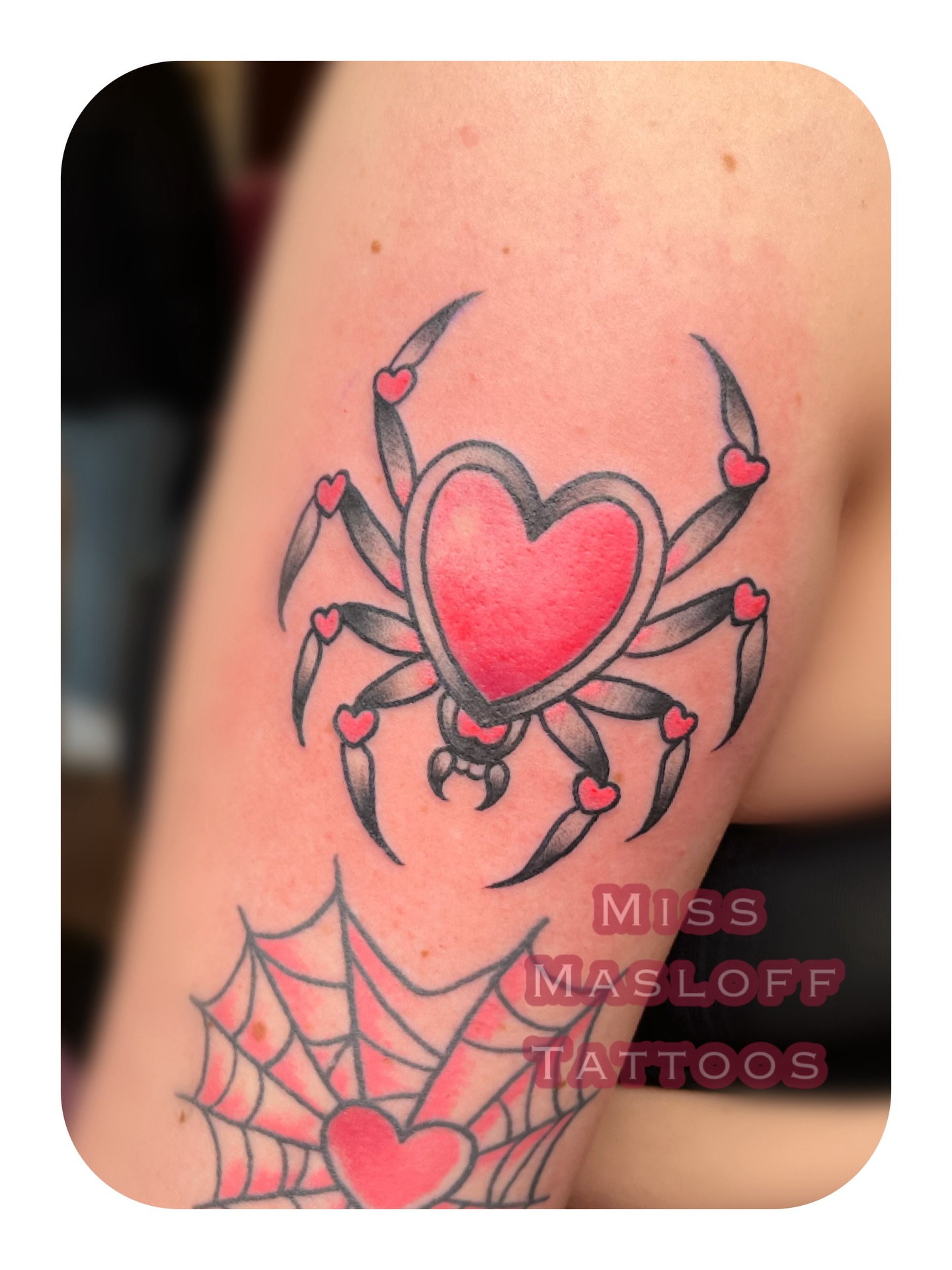 Heart with spider American traditional tattoo on the forearm by ๐Miss Ash Masloff (Mrs.Waritz)๐