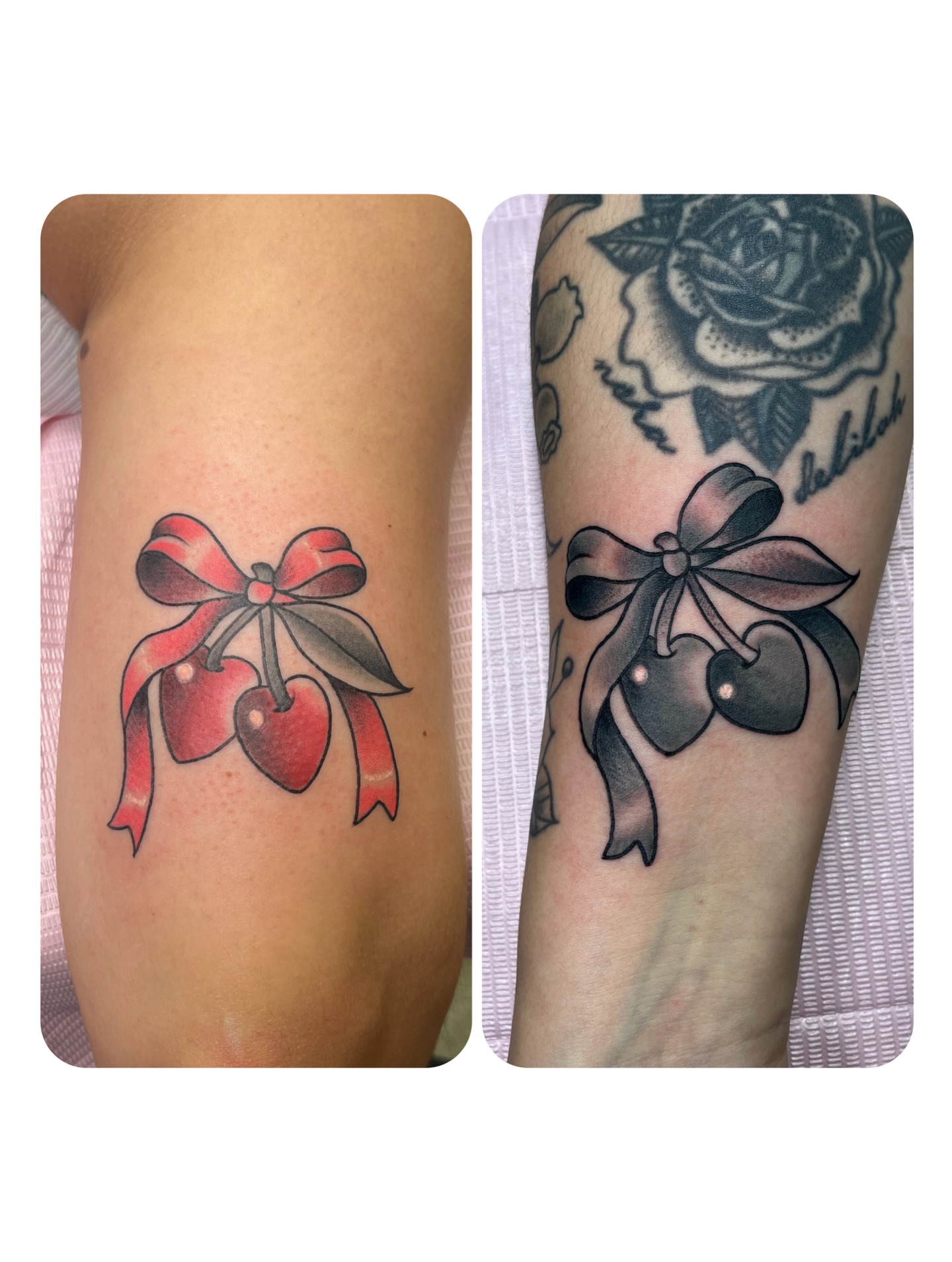Cherry and bow American traditional tattoo on the forearm by ๐Miss Ash Masloff (Mrs.Waritz)๐