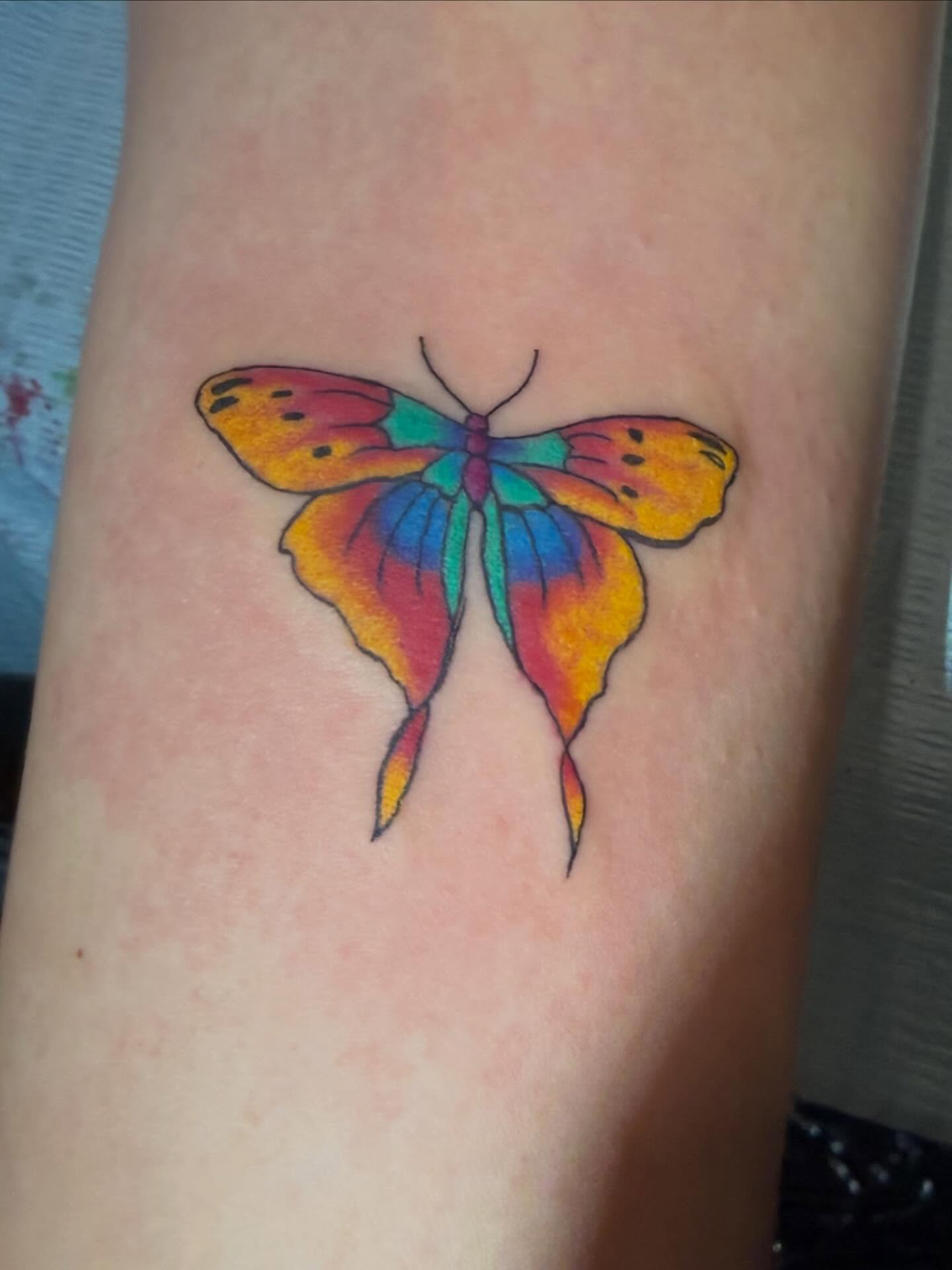 Butterfly new school tattoo on the forearm by P R O P H e T T R A V I S
