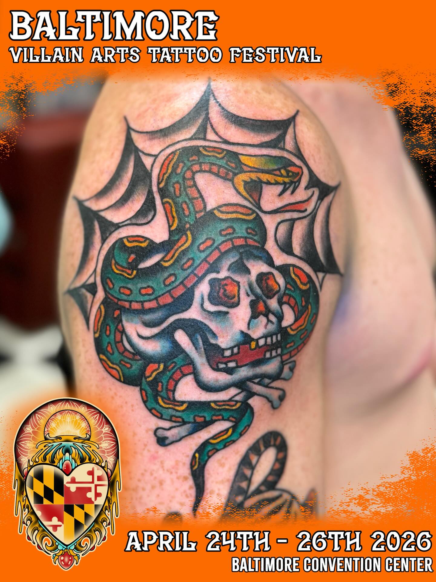 Snake and skull American traditional tattoo on the shoulder by Jack Hatchet Tattoos