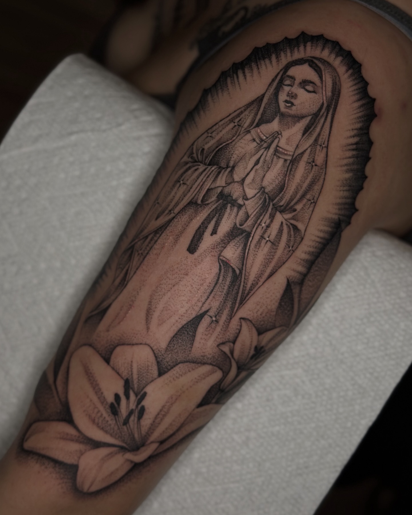Virgin mary dotwork tattoo on the forearm by 💞Juju💕
