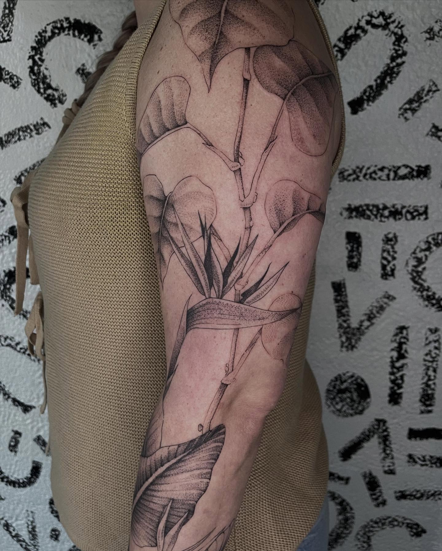 Bird of paradise dotwork tattoo on the forearm by Victoria Irula