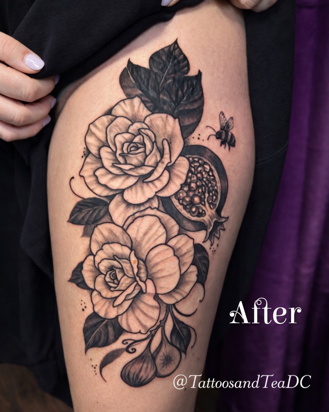 Roses and pomegranate realism tattoo on the thigh by Tattoos & Tea DC, Arlington, Virginia