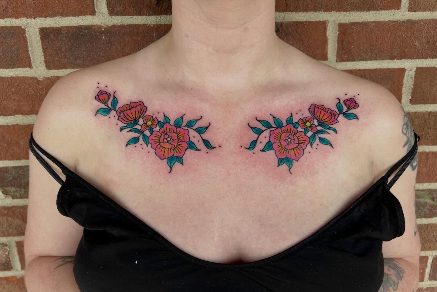 Floral arrangement American traditional tattoo on the chest by Shayna Soderstrom, Columbus, Ohio