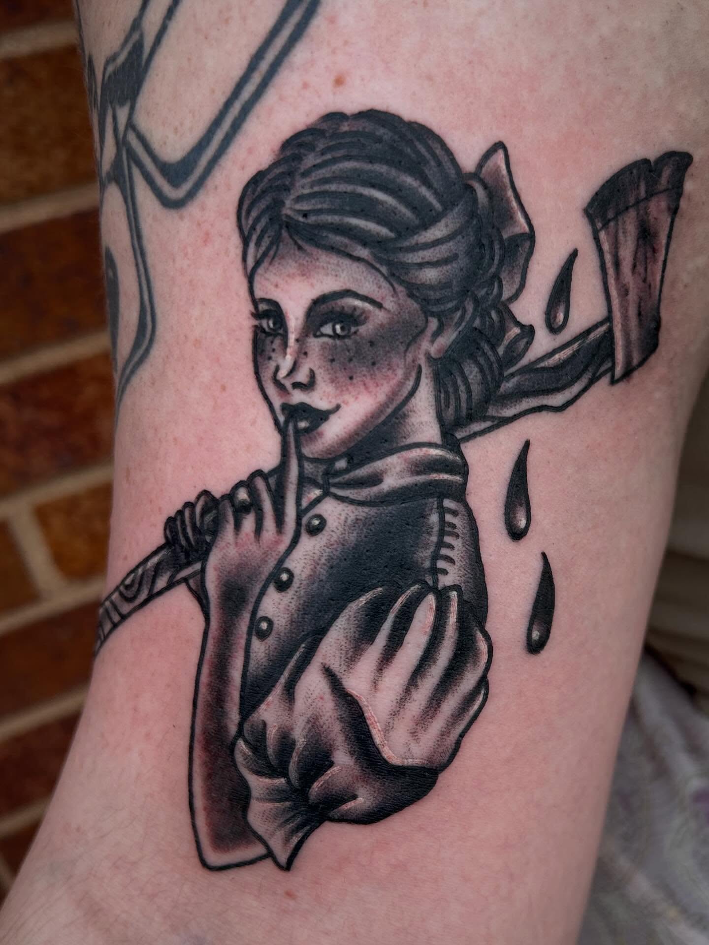 Female chef black and grey tattoo on the forearm by Morgan Hazer Tattoos, Cedar Rapids, Iowa