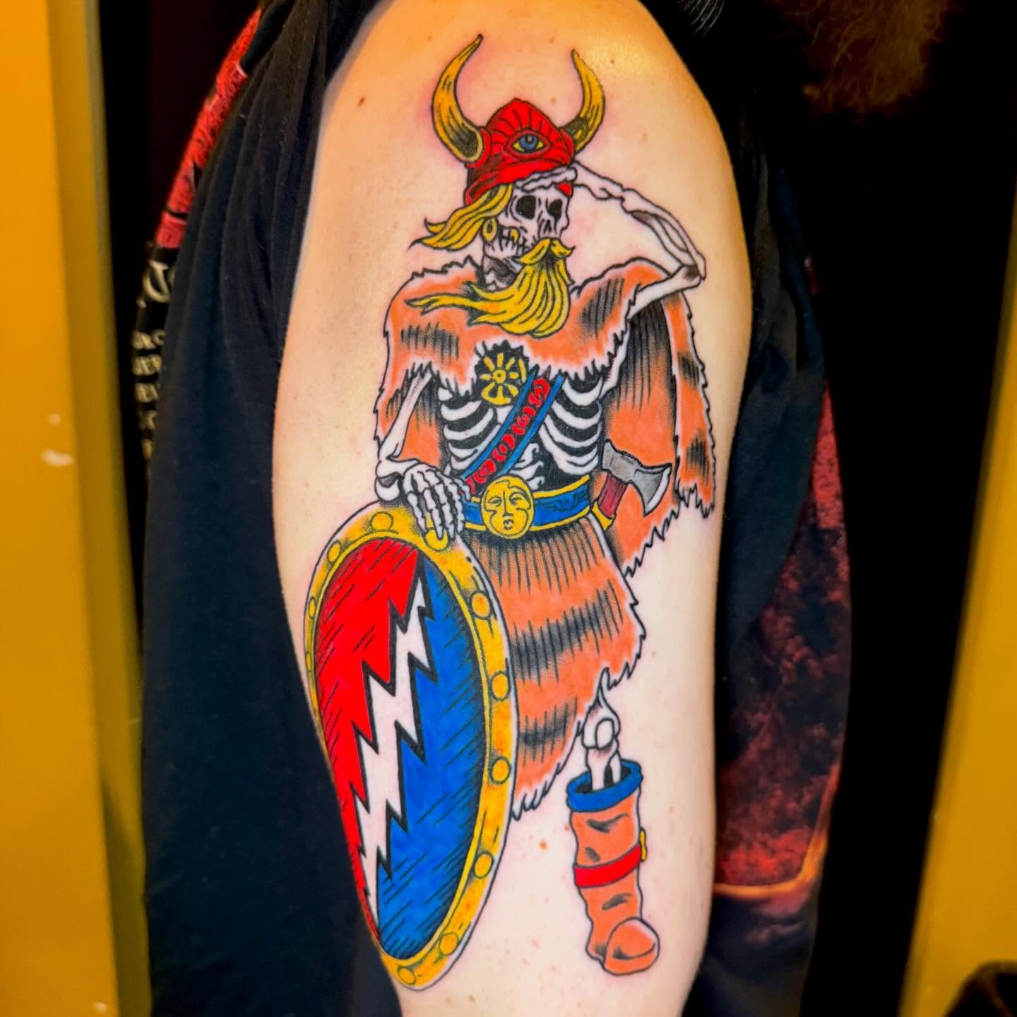 Viking warrior American traditional tattoo on the shoulder by Henry Bubula, Minneapolis, Minnesota