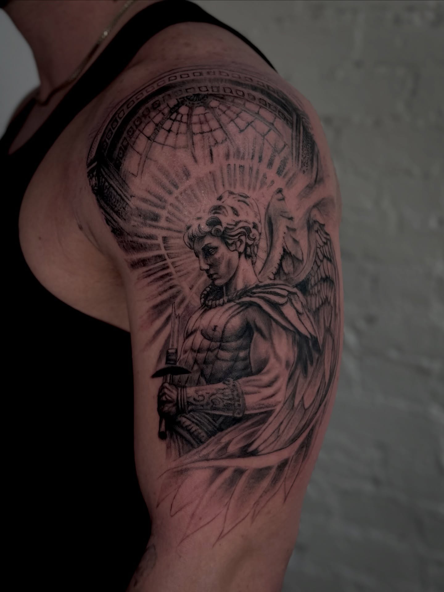 Angelic warrior realism tattoo on the shoulder by Asia Rene Tattoos👑