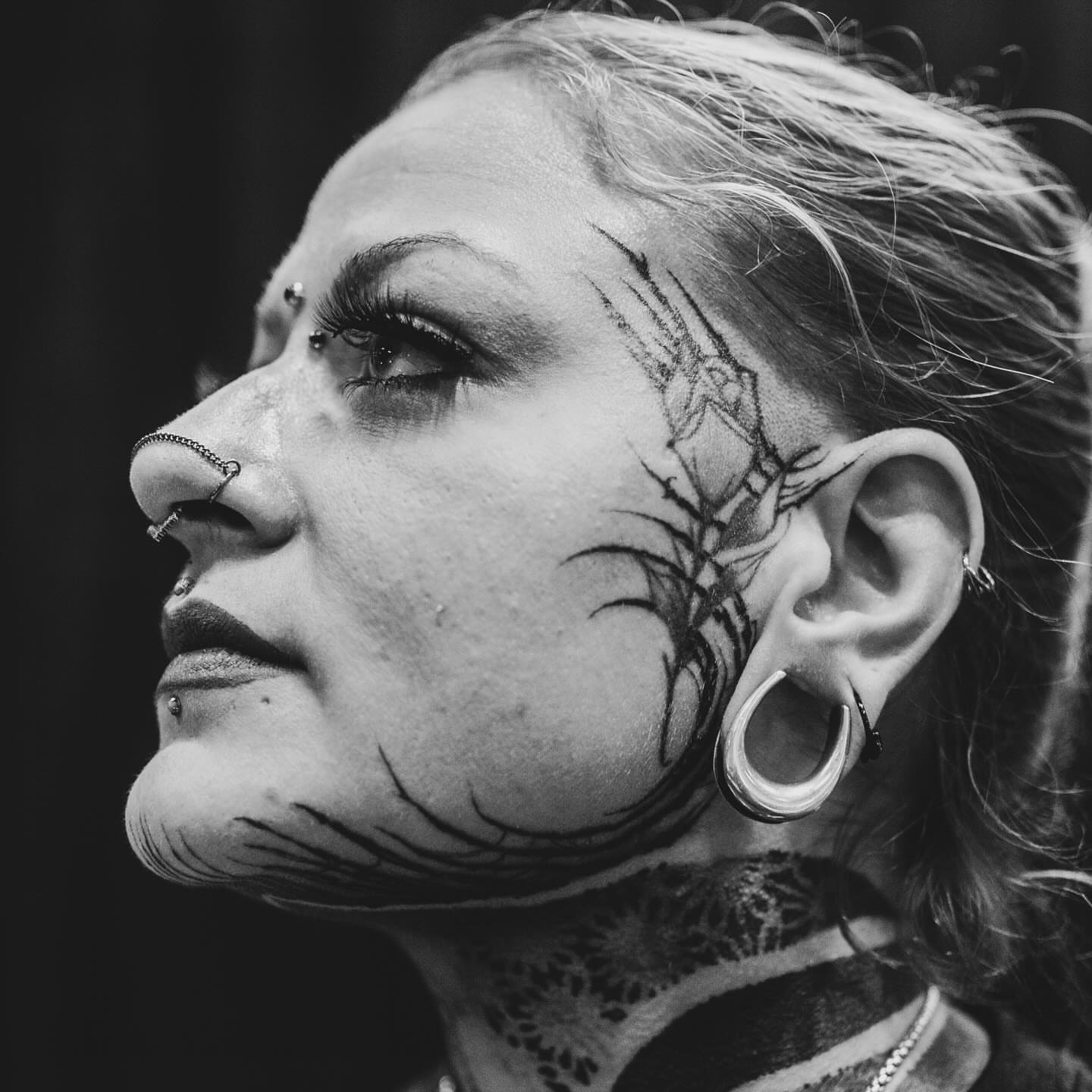 Spider web black and grey tattoo on the head by Lord Daniel Serna