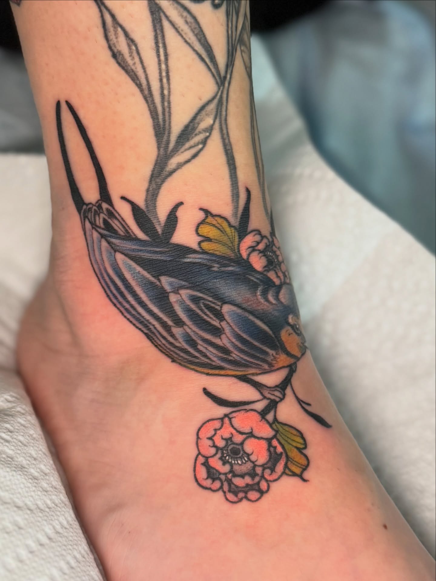Bird and flowers realism tattoo on the foot by Chiah