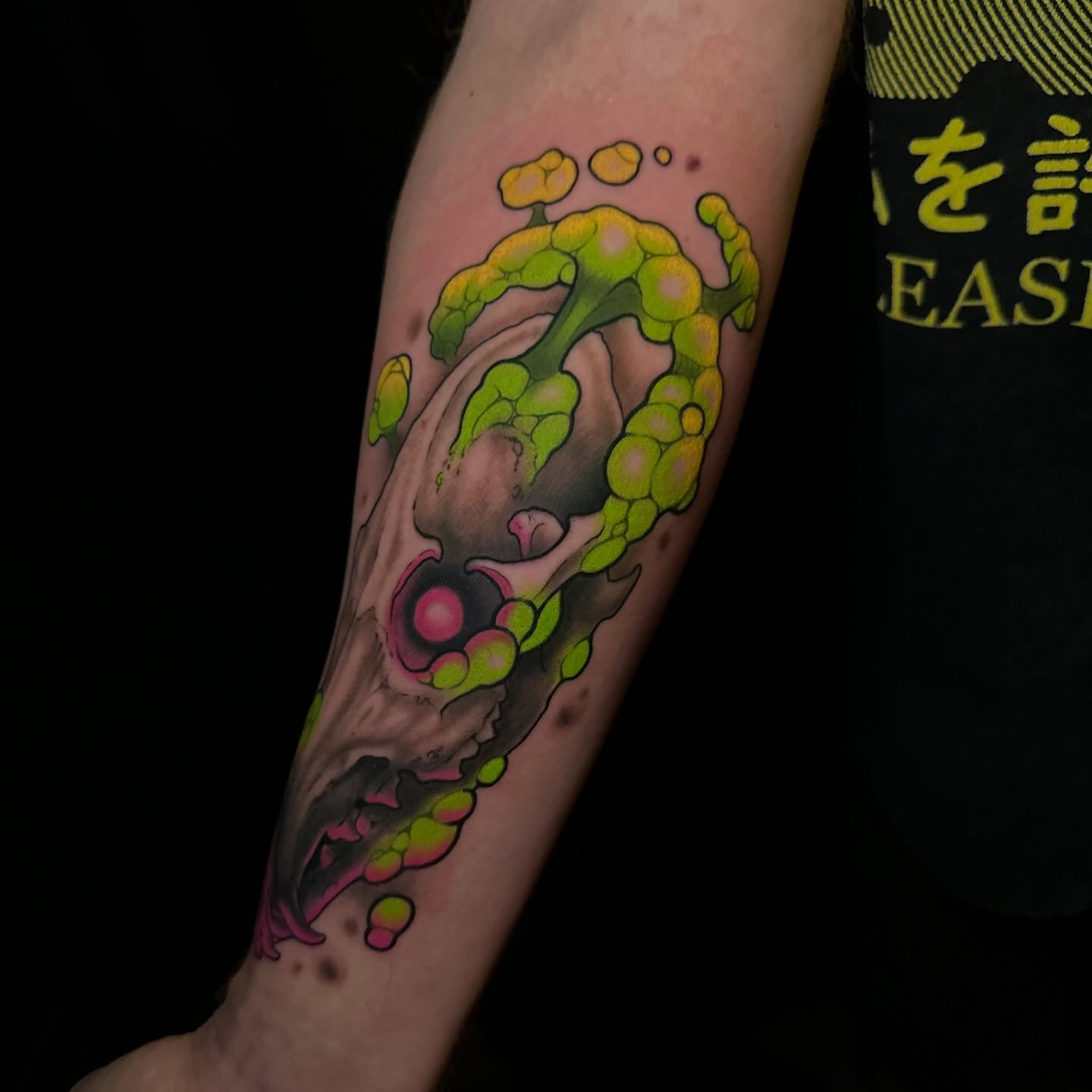 Abstract explosion dotwork tattoo on the forearm by Skylar Mangrum