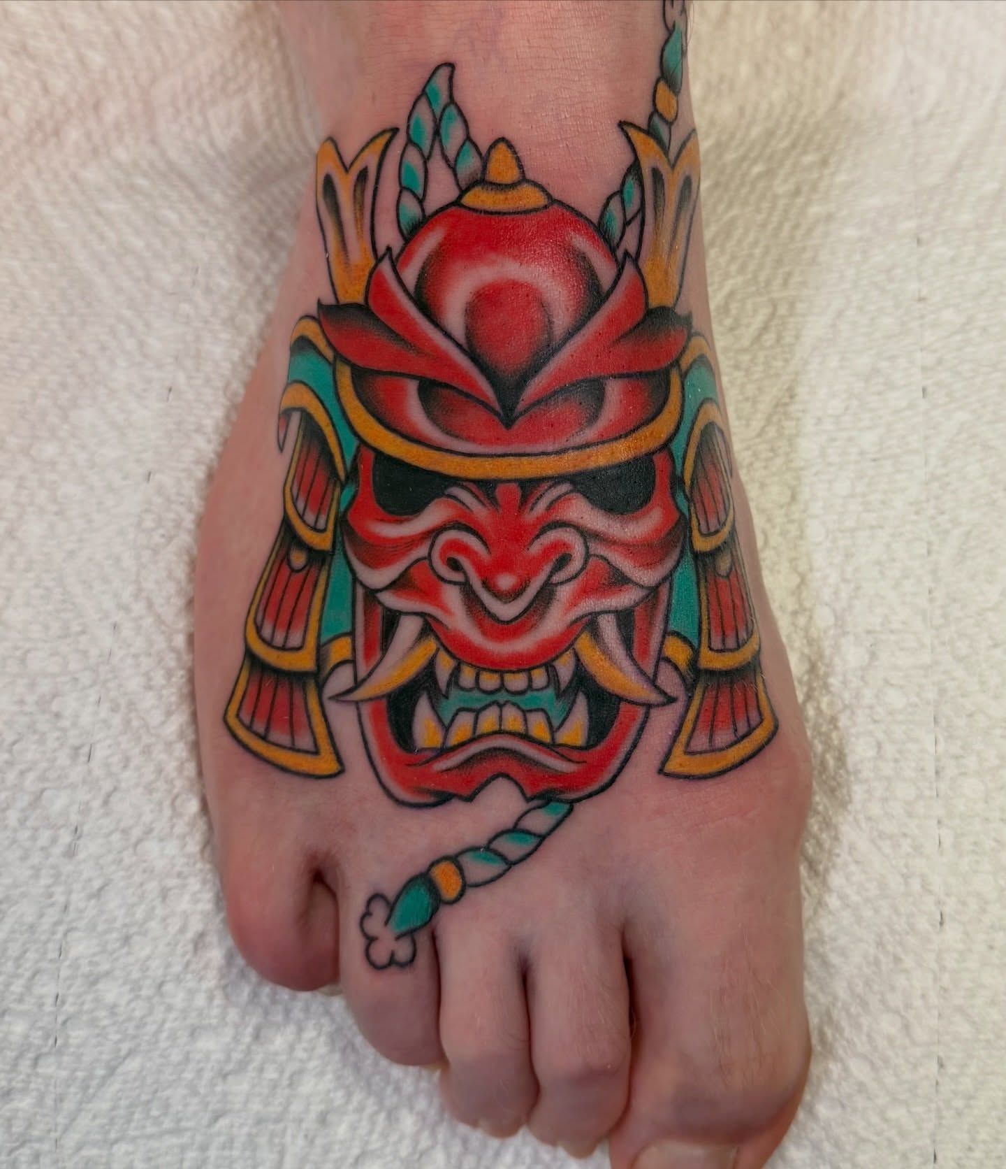 Mask japanese irezumi tattoo on the foot by ✨Jen Lochbihler✨, Dickson, Tennessee