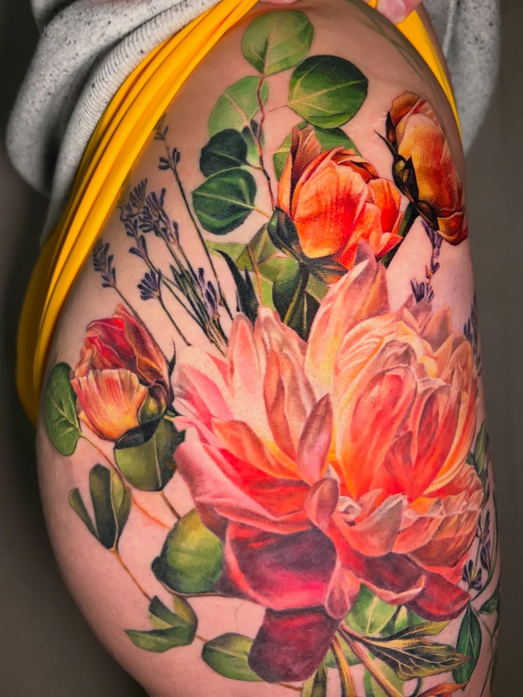 Floral arrangement with roses and lavender neo-traditional tattoo on the shoulder by Irina Shapiro, Somerville, Massachusetts