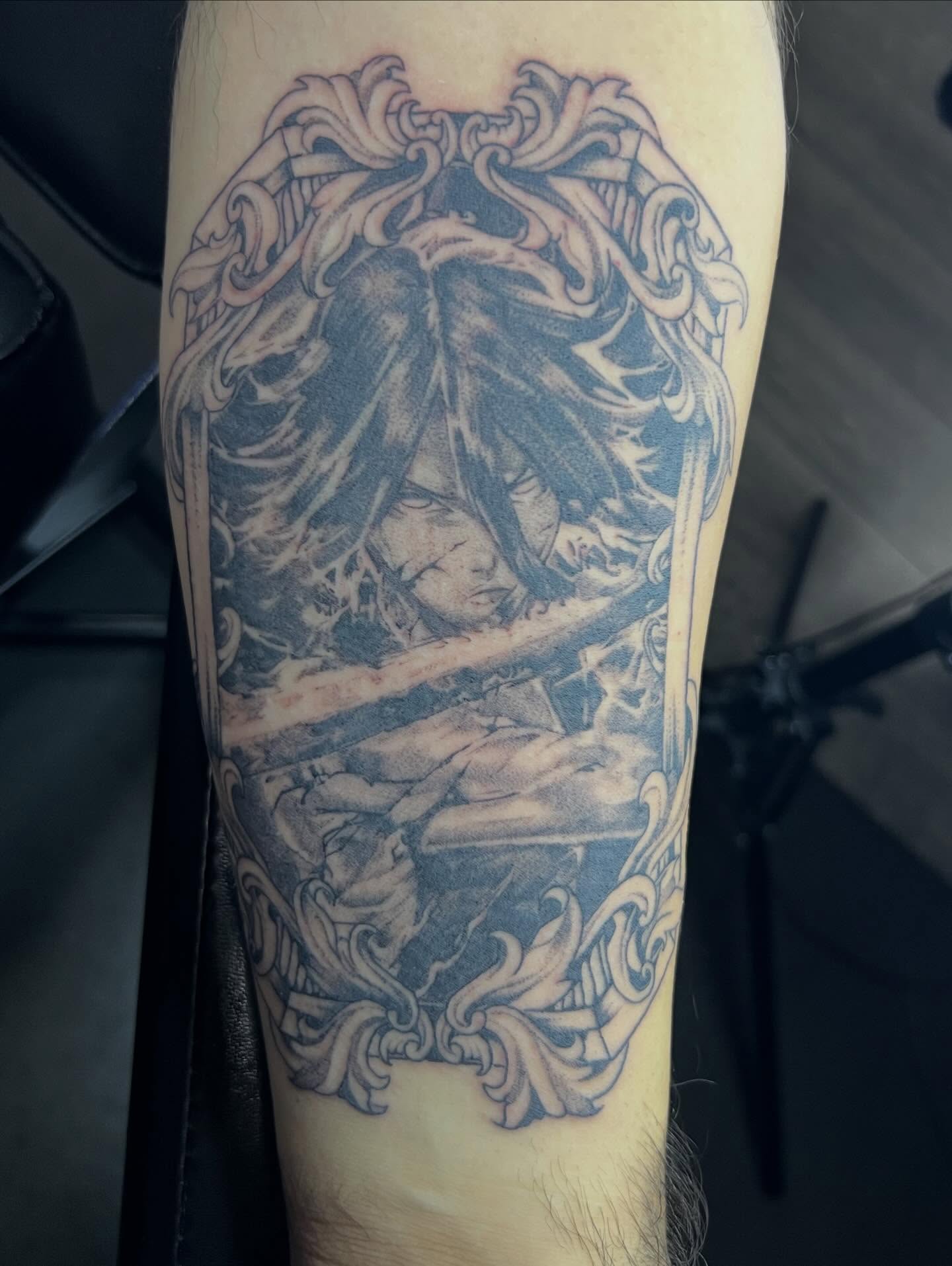 Tattoo by @darklunatattoos — anime, black_and_grey