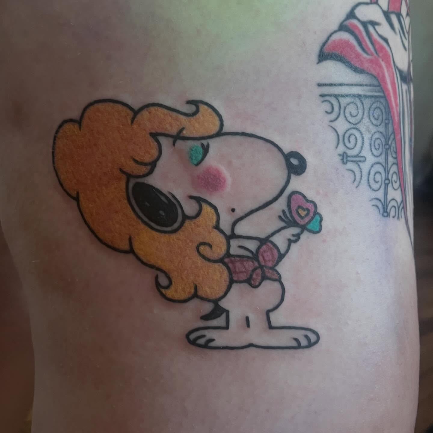 Snoopy new school tattoo on the forearm by madelynne (maddie) caldwell tattoos