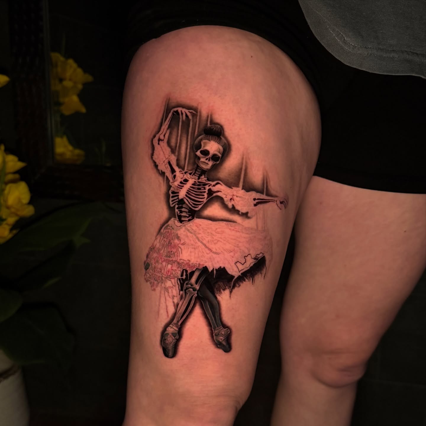 Ballerina skeleton realism tattoo on the thigh by Tay 🥀
