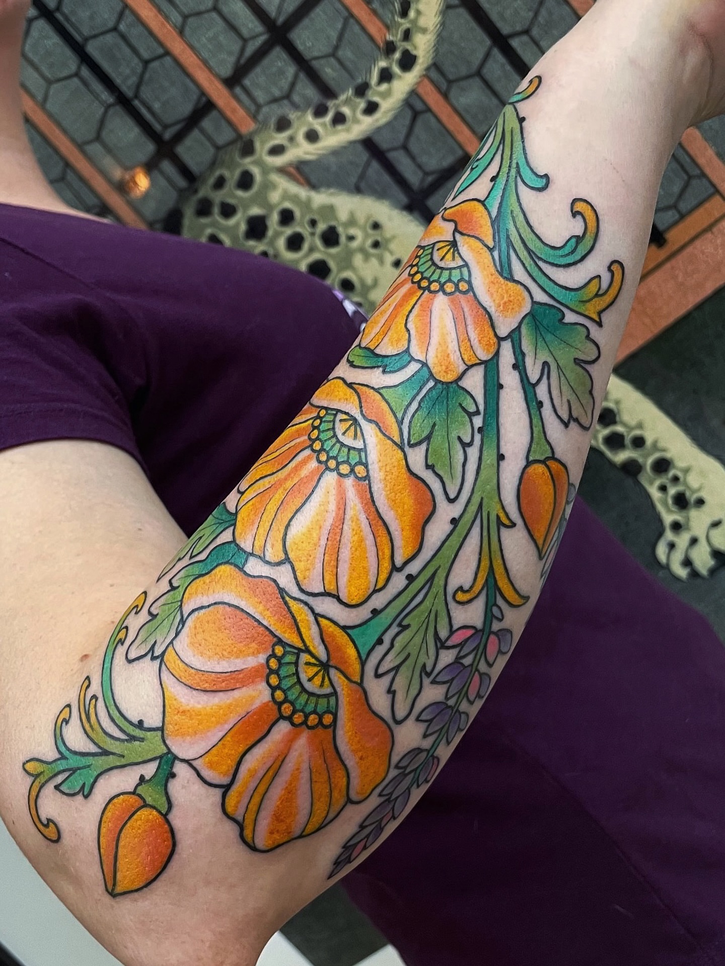 Poppy flowers new school tattoo on the forearm by Frank Mostek