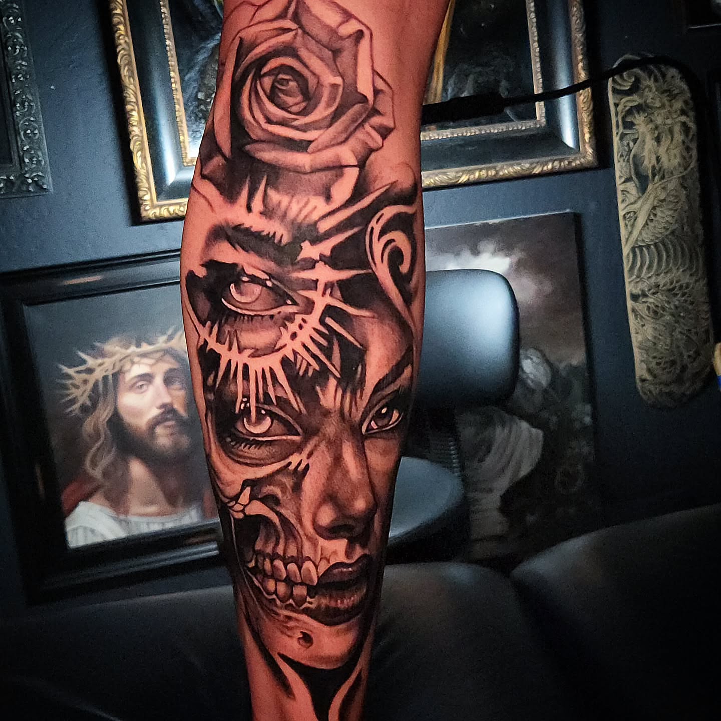 Skeleton face with crown of thorns realism tattoo on the forearm by Jack Jr Mora