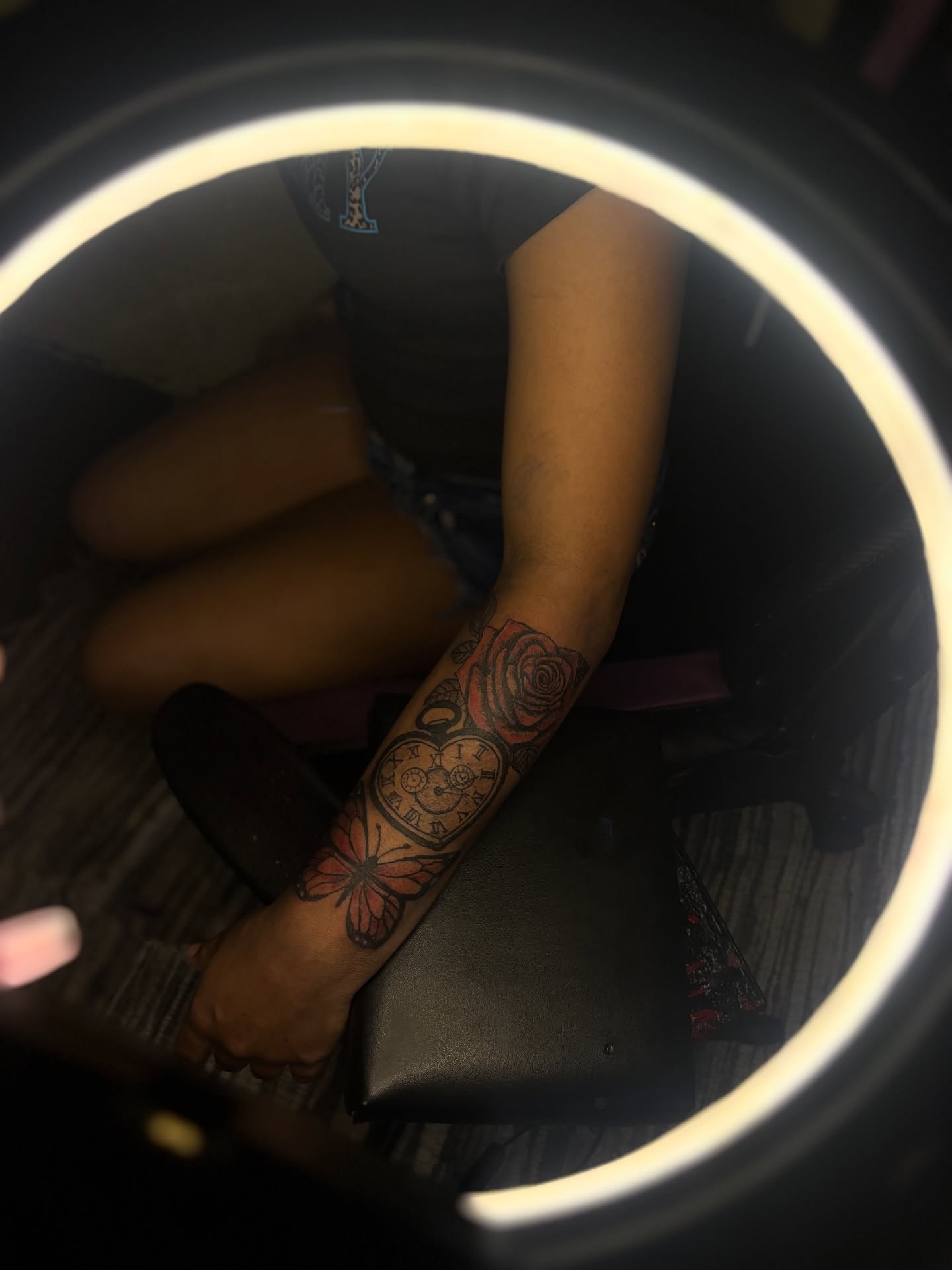 Clock and rose American traditional tattoo on the forearm by Winter j
