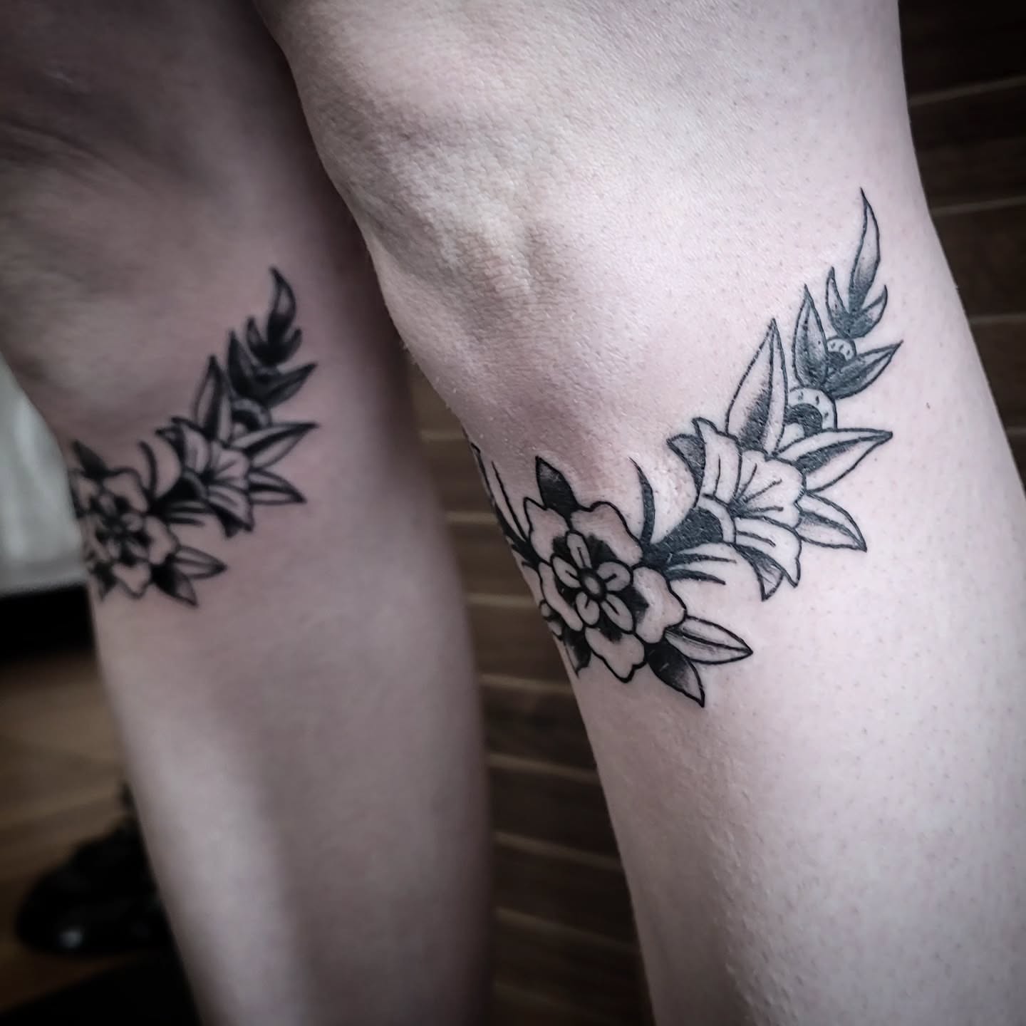 Floral wreath black and grey tattoo on the thigh by brockton a f 💀