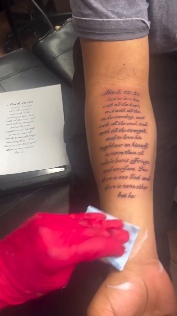 Bible verse tattoo on forearm lettering tattoo on the forearm by Tatts by Quan