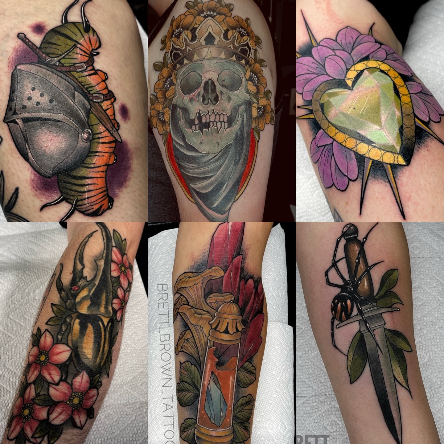 Insect and flowers American traditional tattoo on the forearm by Brett Brown