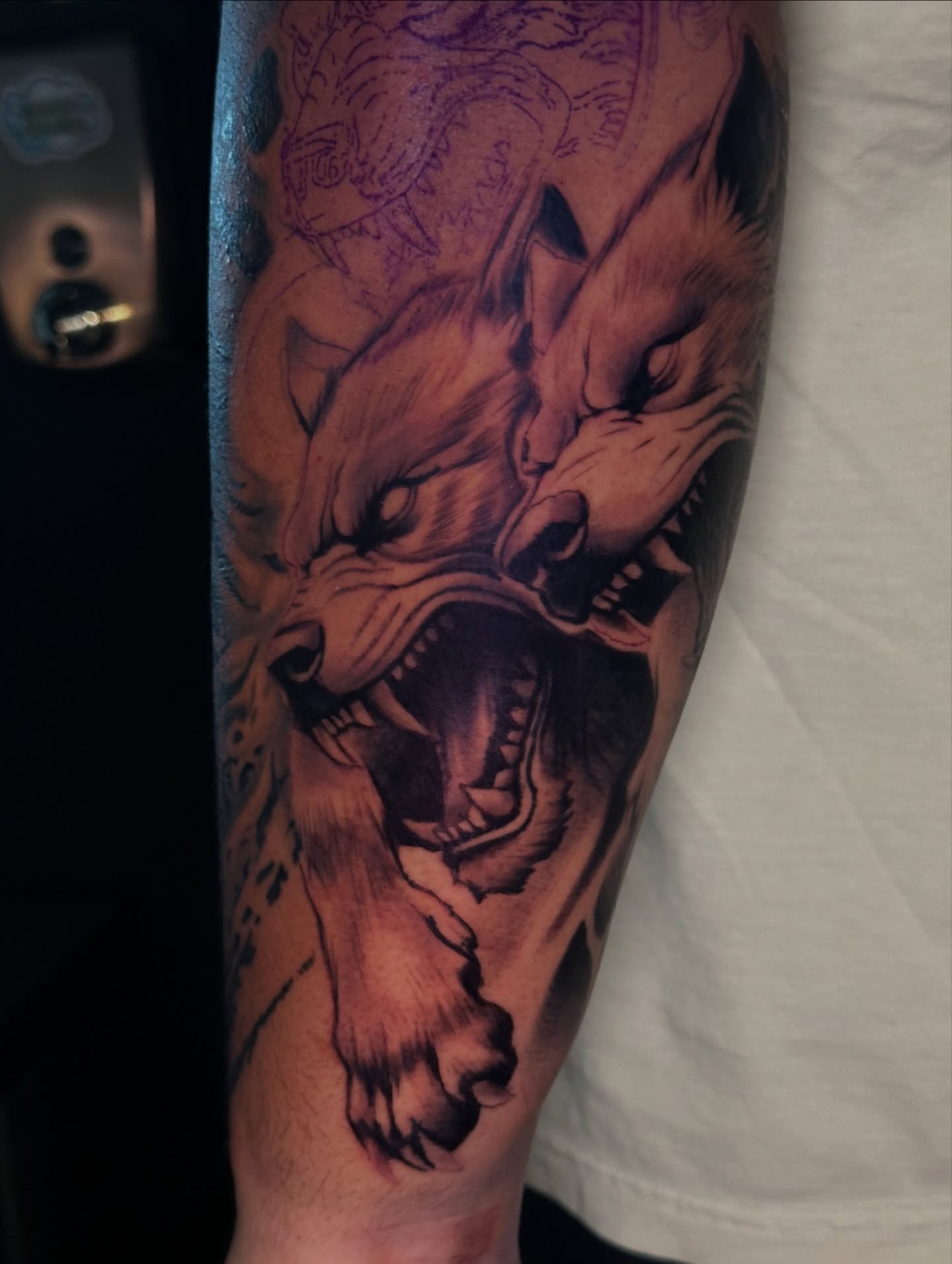 Roaring wolf realism tattoo on the forearm by Robert Douglas