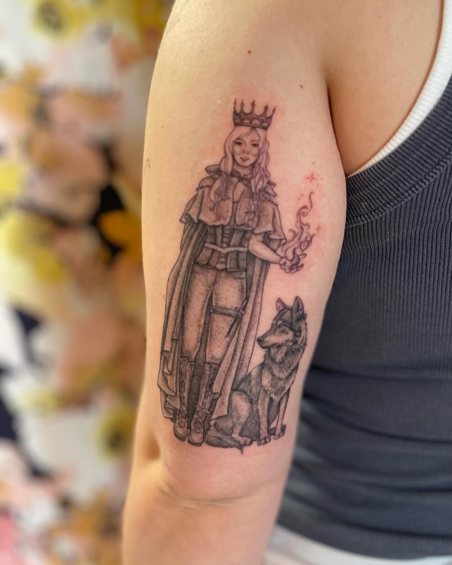 Queen and wolf black and grey tattoo on the forearm by paige  l  ink shrink tattoo