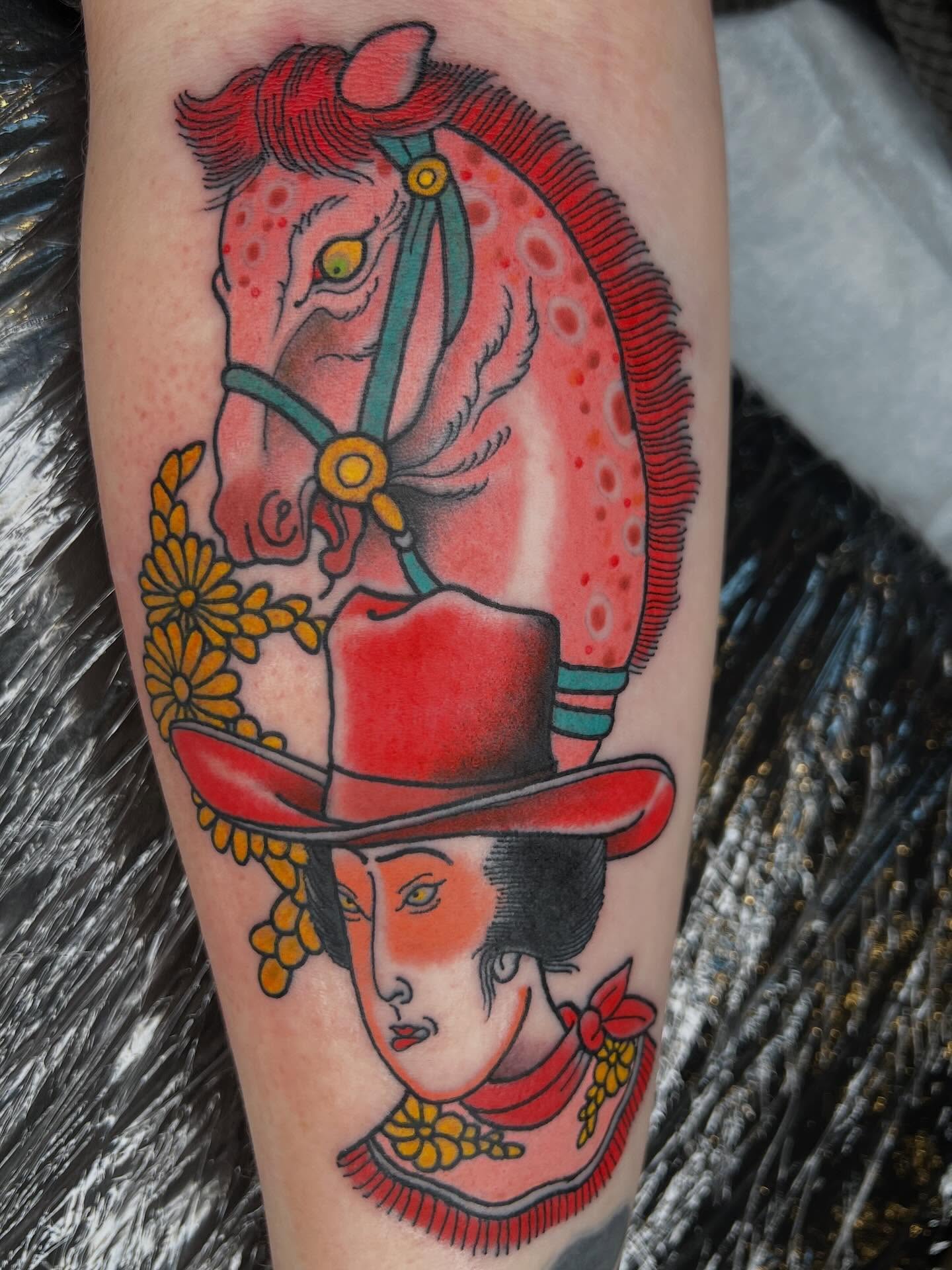 Cowgirl and horse neo-traditional tattoo on the forearm by Troy David Souders