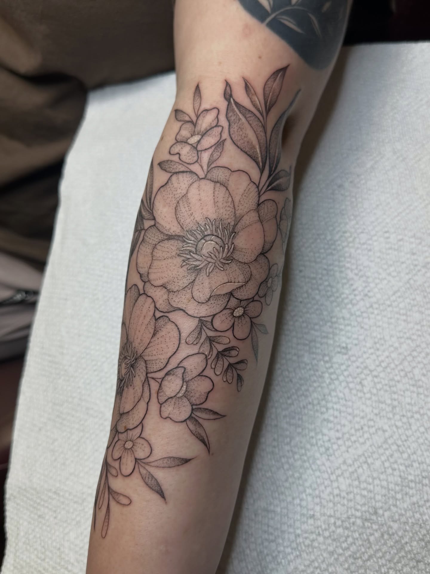Tattoo by @tiffany.btattoos — dotwork, black_and_grey