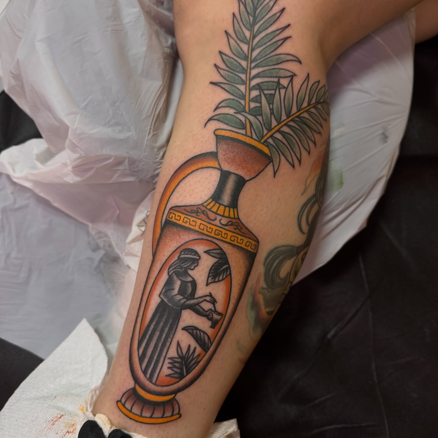 Ancient vase with woman American traditional tattoo on the forearm by Tannis - Traditional Tattoos in Richmond, VA, Richmond, Virginia