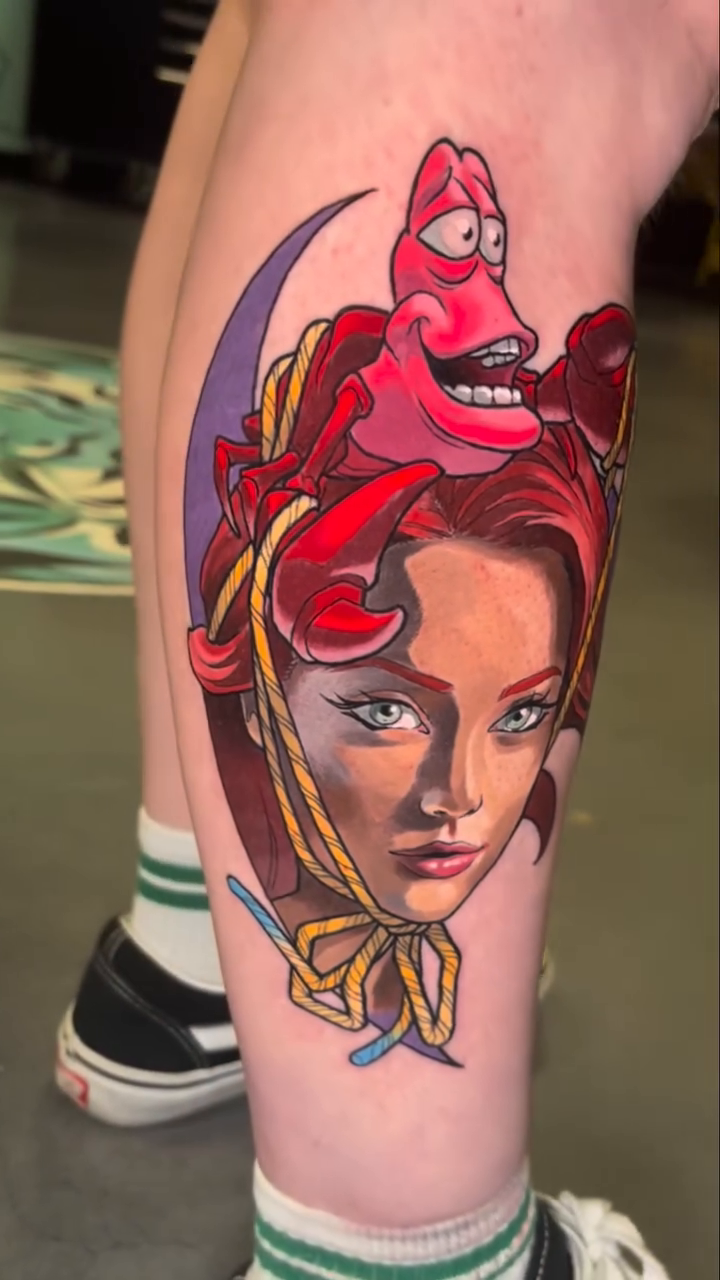 Woman and crab new school tattoo by Willy Cutlip