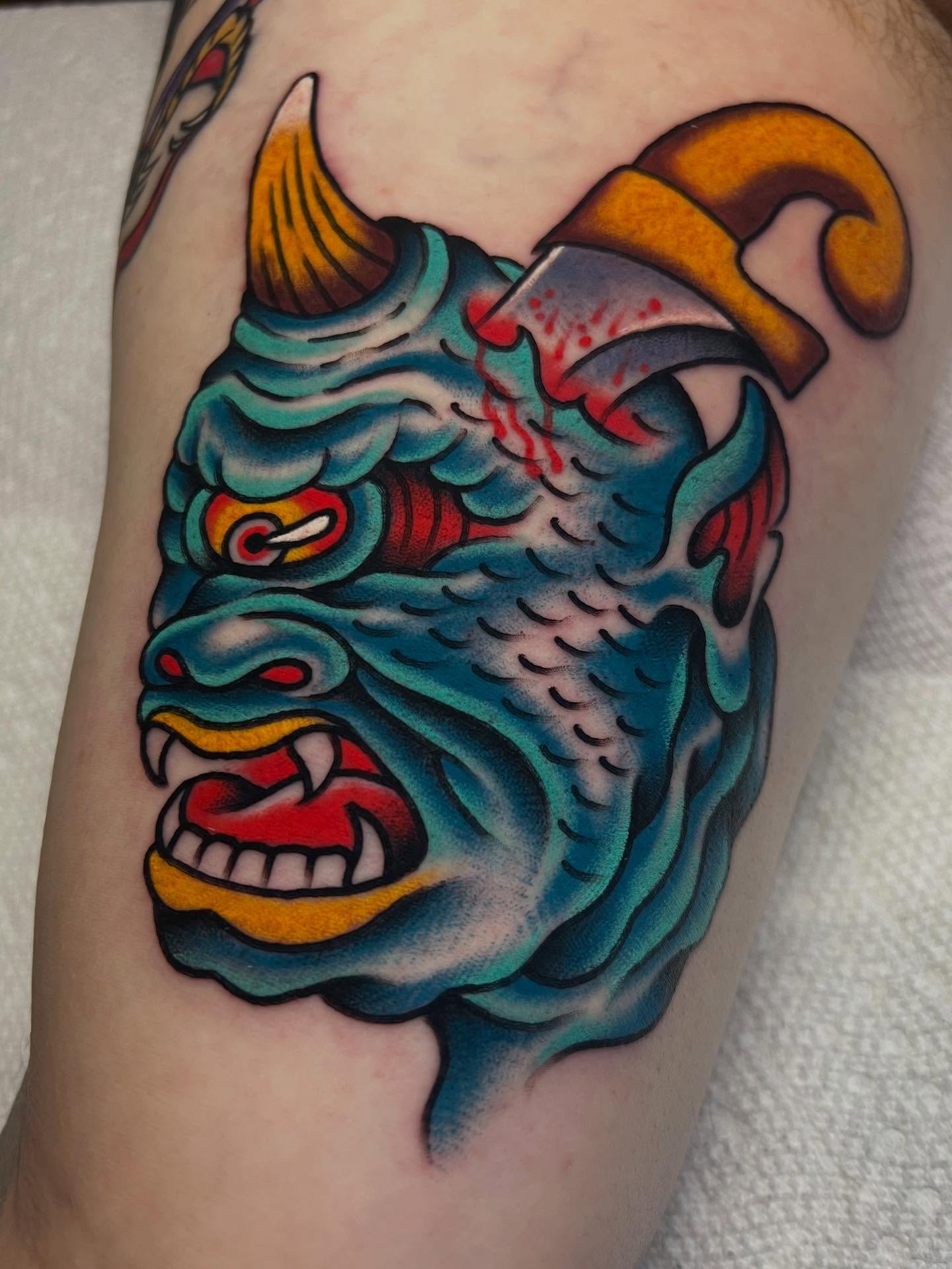 Demon head American traditional tattoo on the forearm by ᴍᴀᴛᴛ ᴀʟᴇxᴀɴᴅᴇʀ