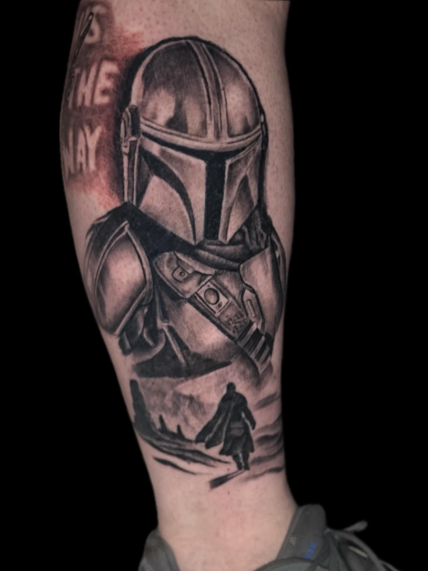 Mandalorian helmet realism tattoo on the forearm by Jacob Bettker, Centerville, Ohio