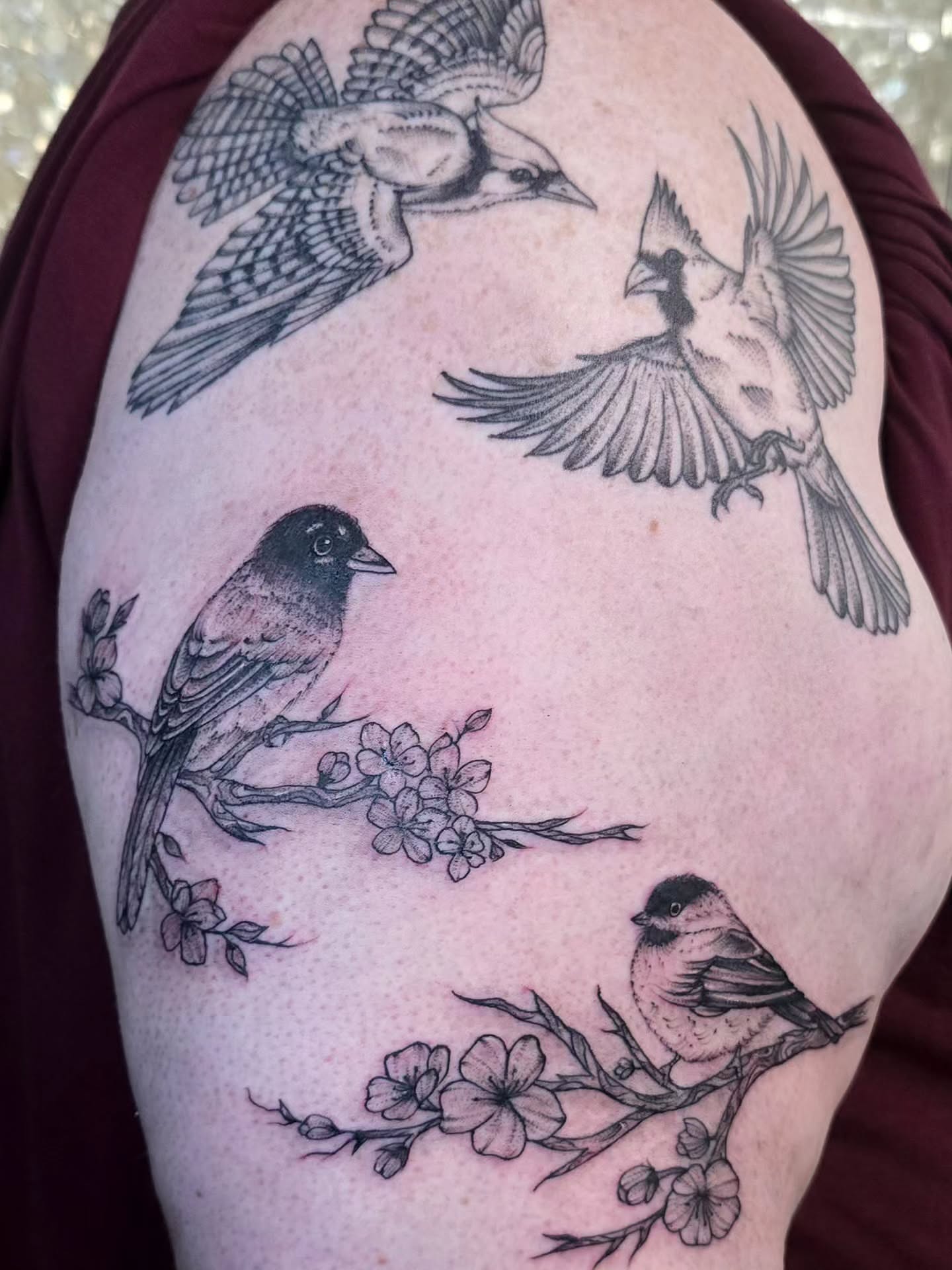 Birds and blossoms black and grey tattoo on the shoulder by Hope 🌙, Cincinnati