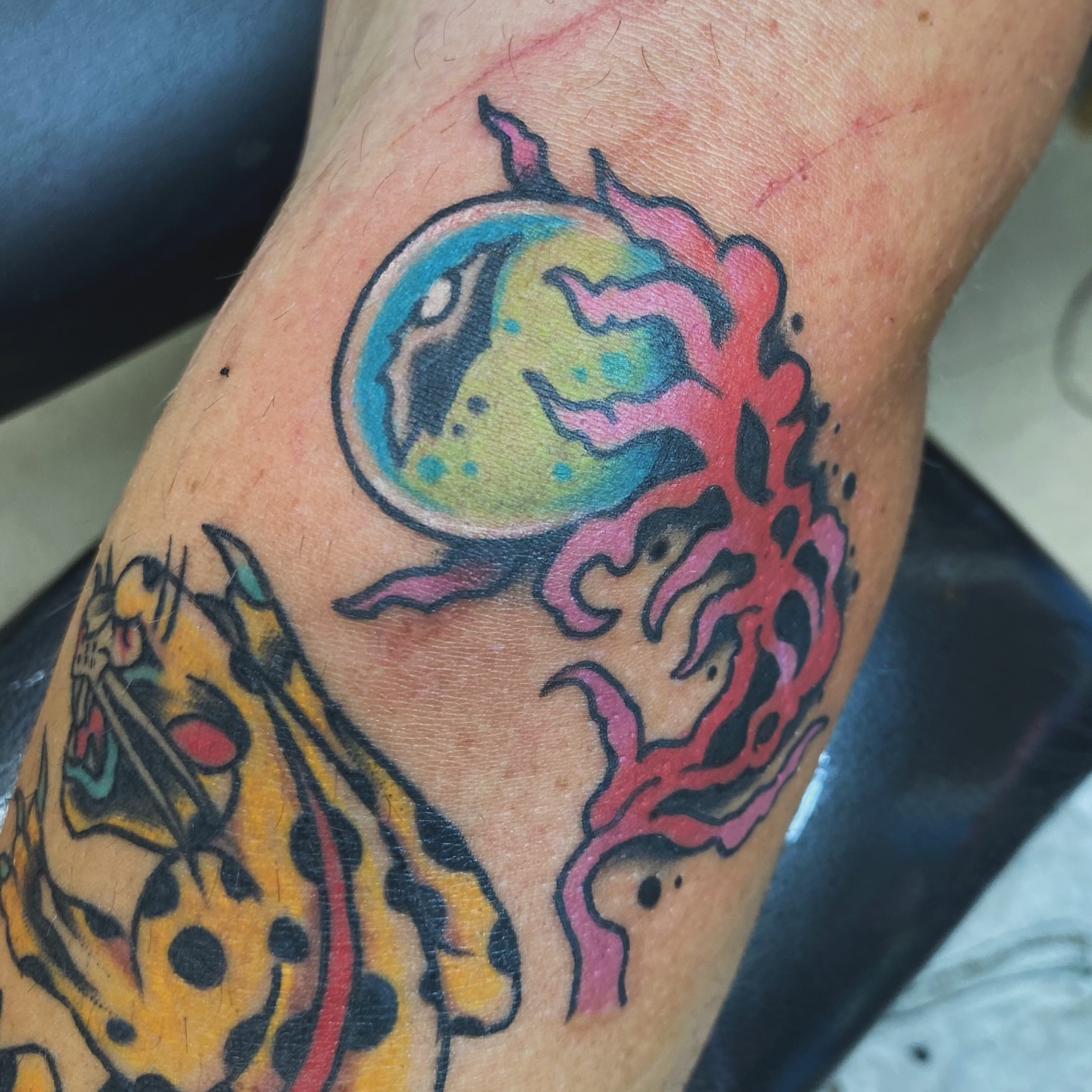Space planet new school tattoo on the forearm by @katie_tatts