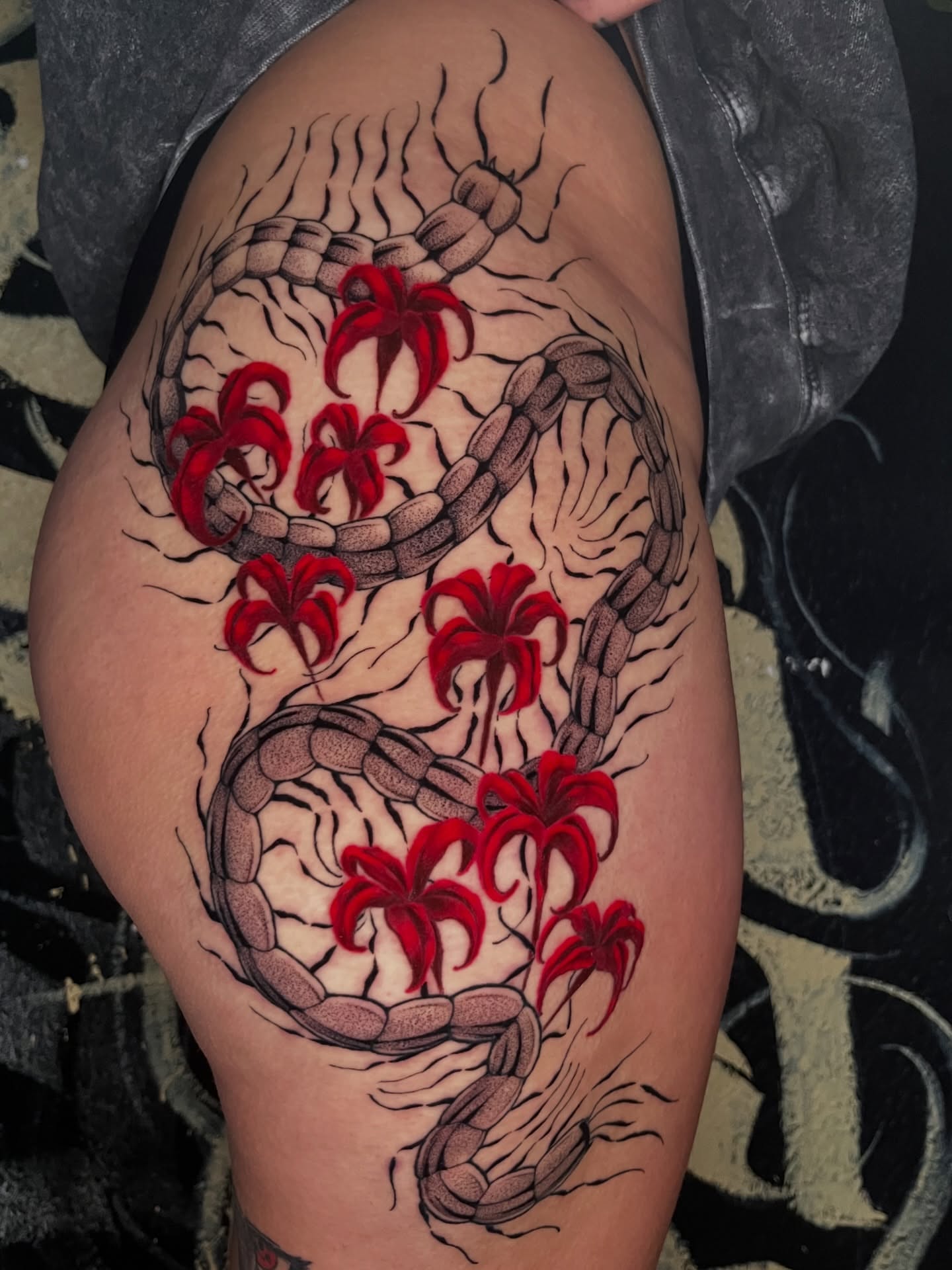 Snake and flowers neo-traditional tattoo on the thigh by Odi ✮⋆˙, Las Vegas, Nevada