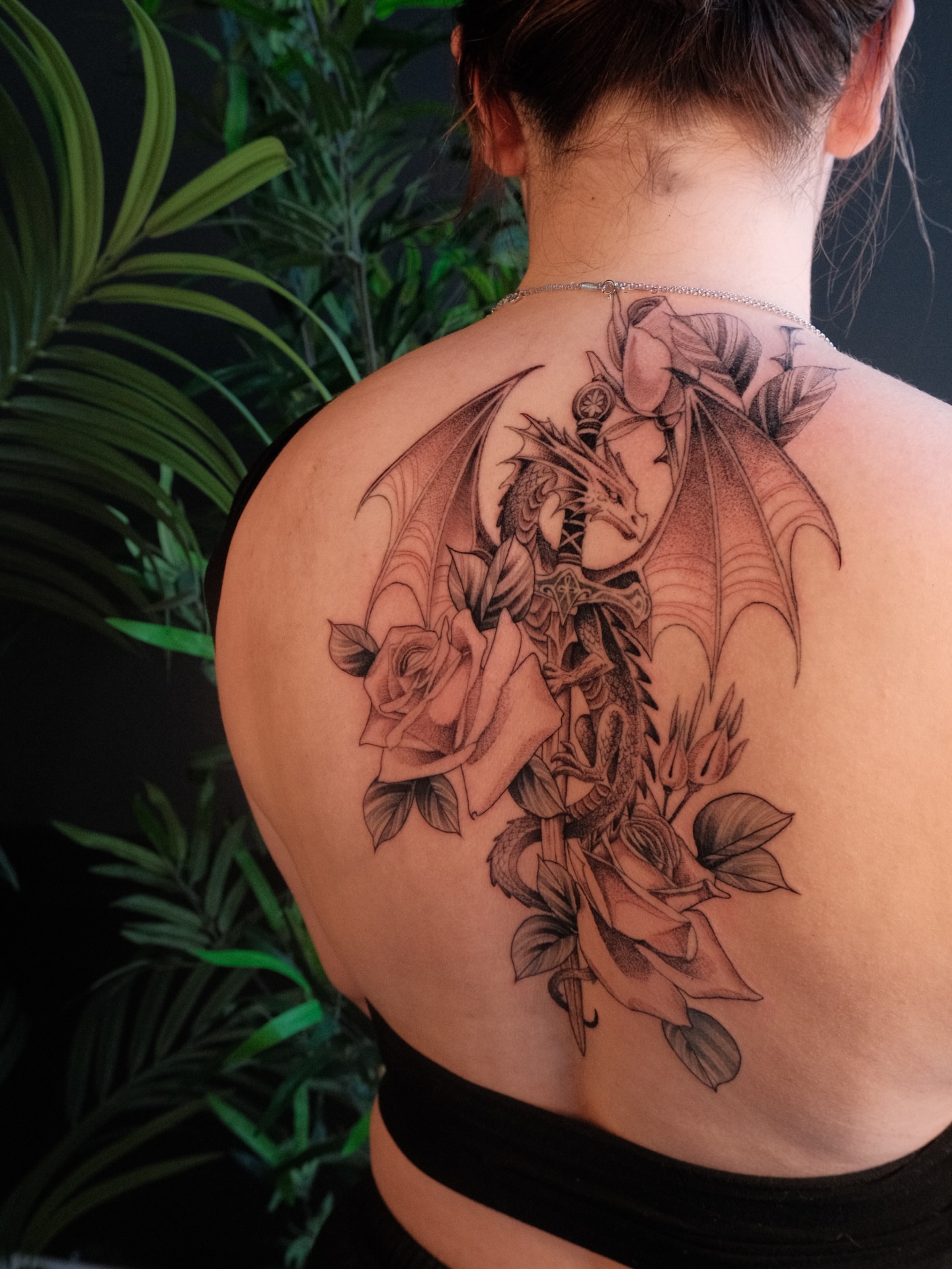 Dragon and roses realism tattoo on the back by JoeyJazz