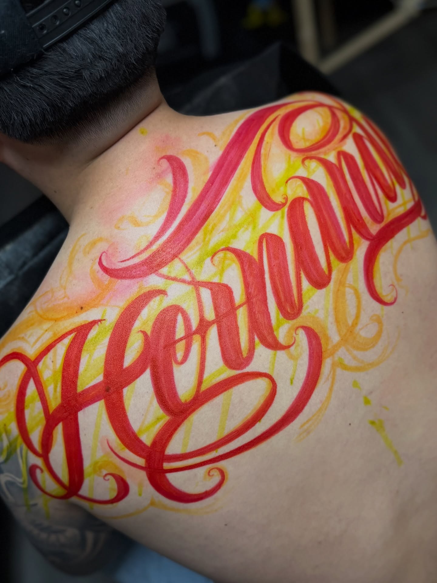 Script lettering lettering script tattoo on the shoulder by Rocky G Inkz LLC