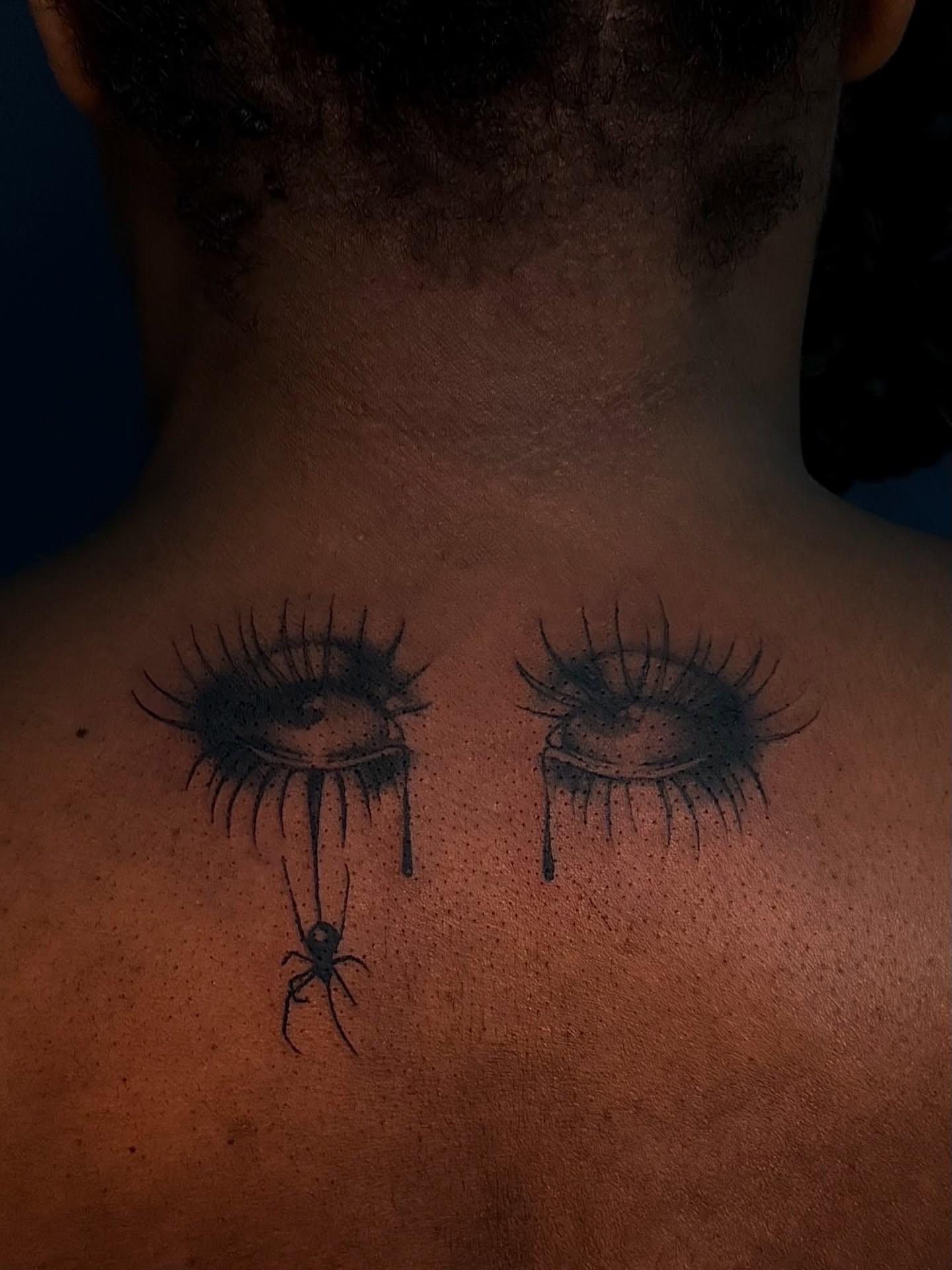 Tears and spider black and grey tattoo on the back by ༺♡༻ Melia’s Dolls ༺♡༻