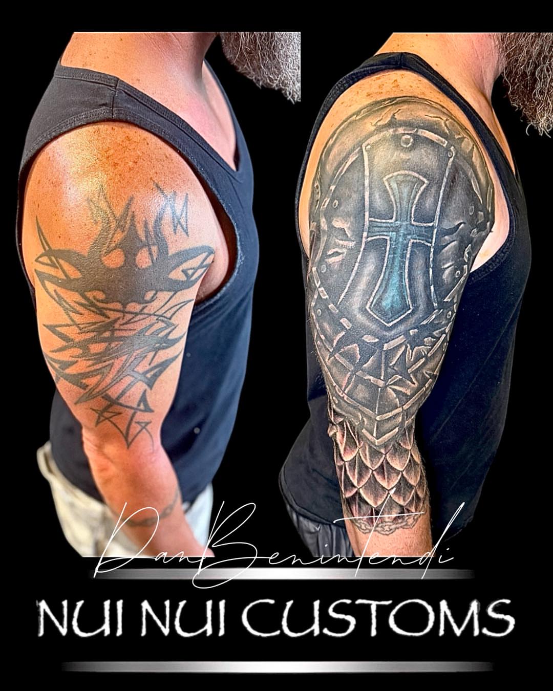 Dragon and cross geometric tattoo on the upper arm by Dan Benintendi l Polynesian Tattoo, Fort Worth, Texas