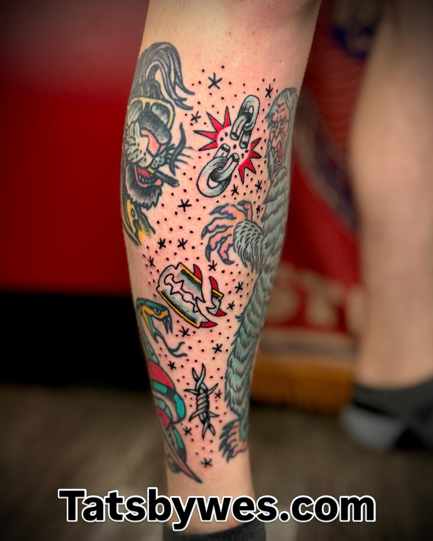 Monster and stars American traditional tattoo on the forearm by 𝐖𝐄𝐒