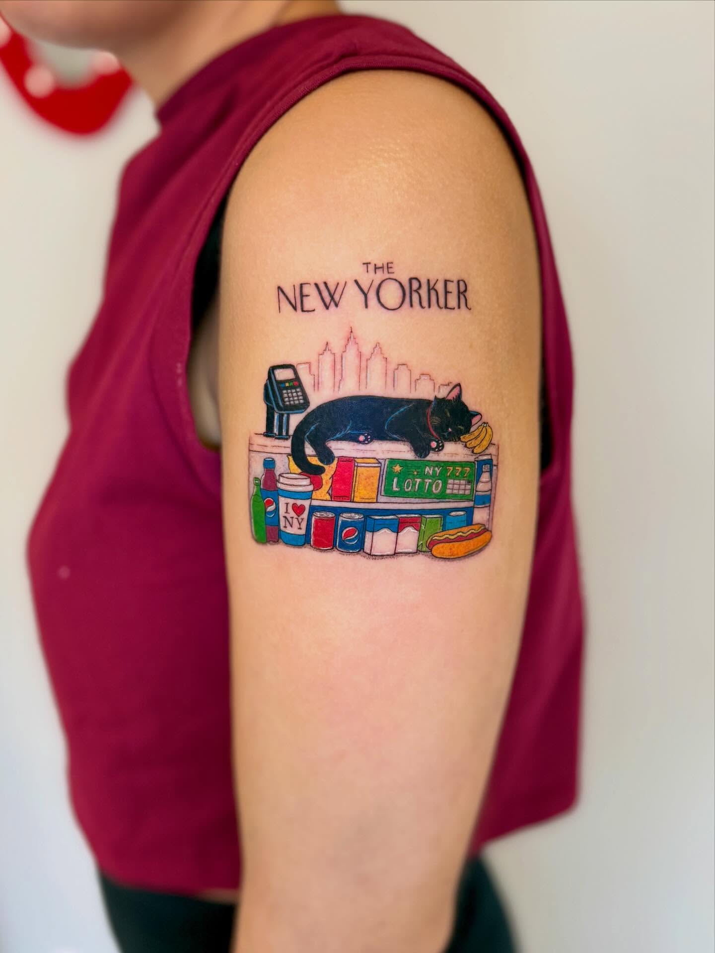 New yorker magazine cover illustrative tattoo on the upper arm by Cat girl tattoo