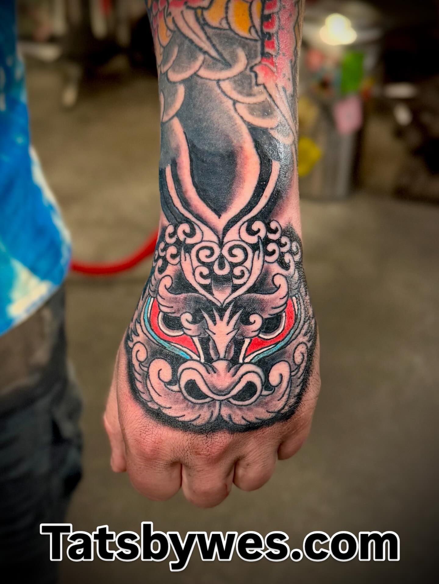 Mask American traditional tattoo on the hand by 𝐖𝐄𝐒