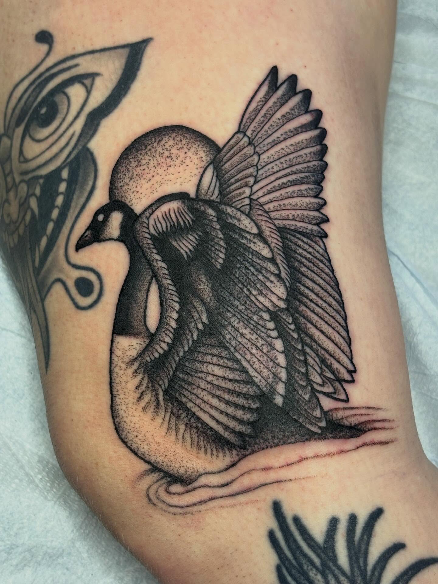 Goose dotwork tattoo on the forearm by Sydney Pflaumer