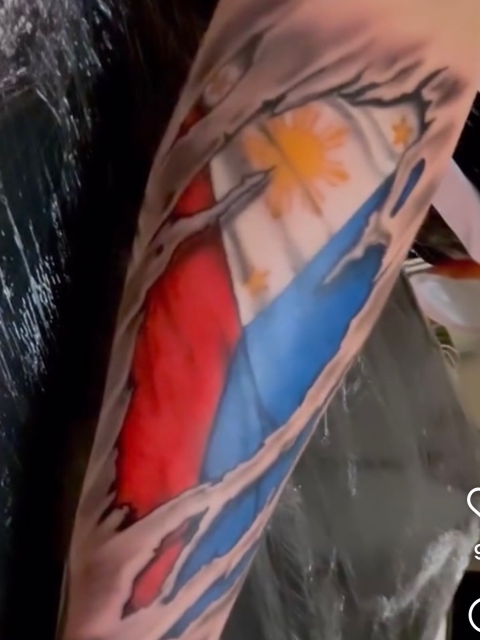 Flag and tree American traditional tattoo on the forearm by Erik Pagtakhan