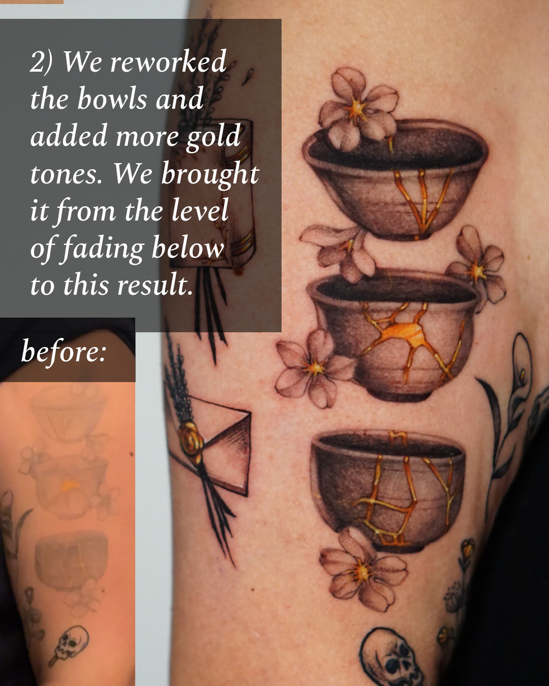 Bowls and flowers new school tattoo on the forearm by San Diego Color Realism and Neotraditional