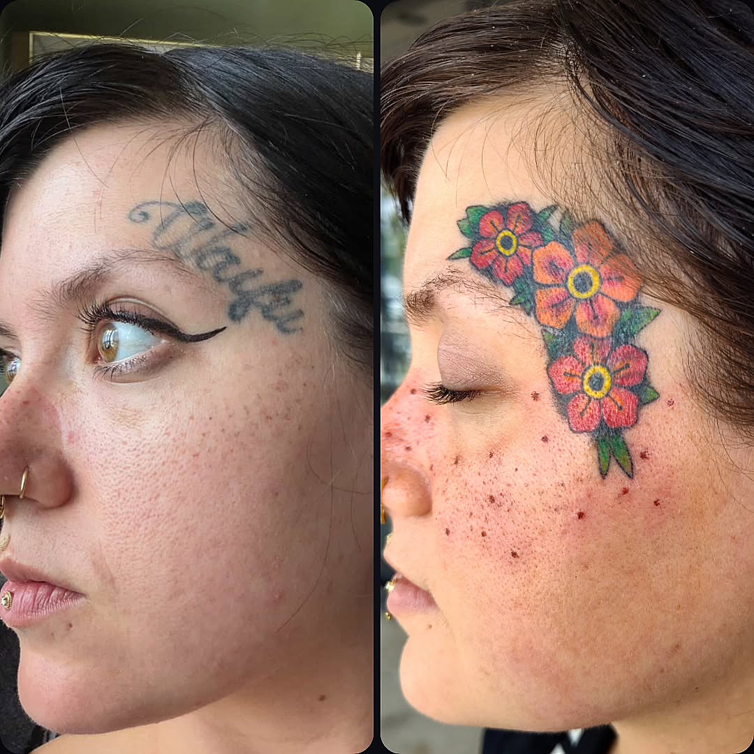 Flowers new school tattoo on the head by Julie MacDonald